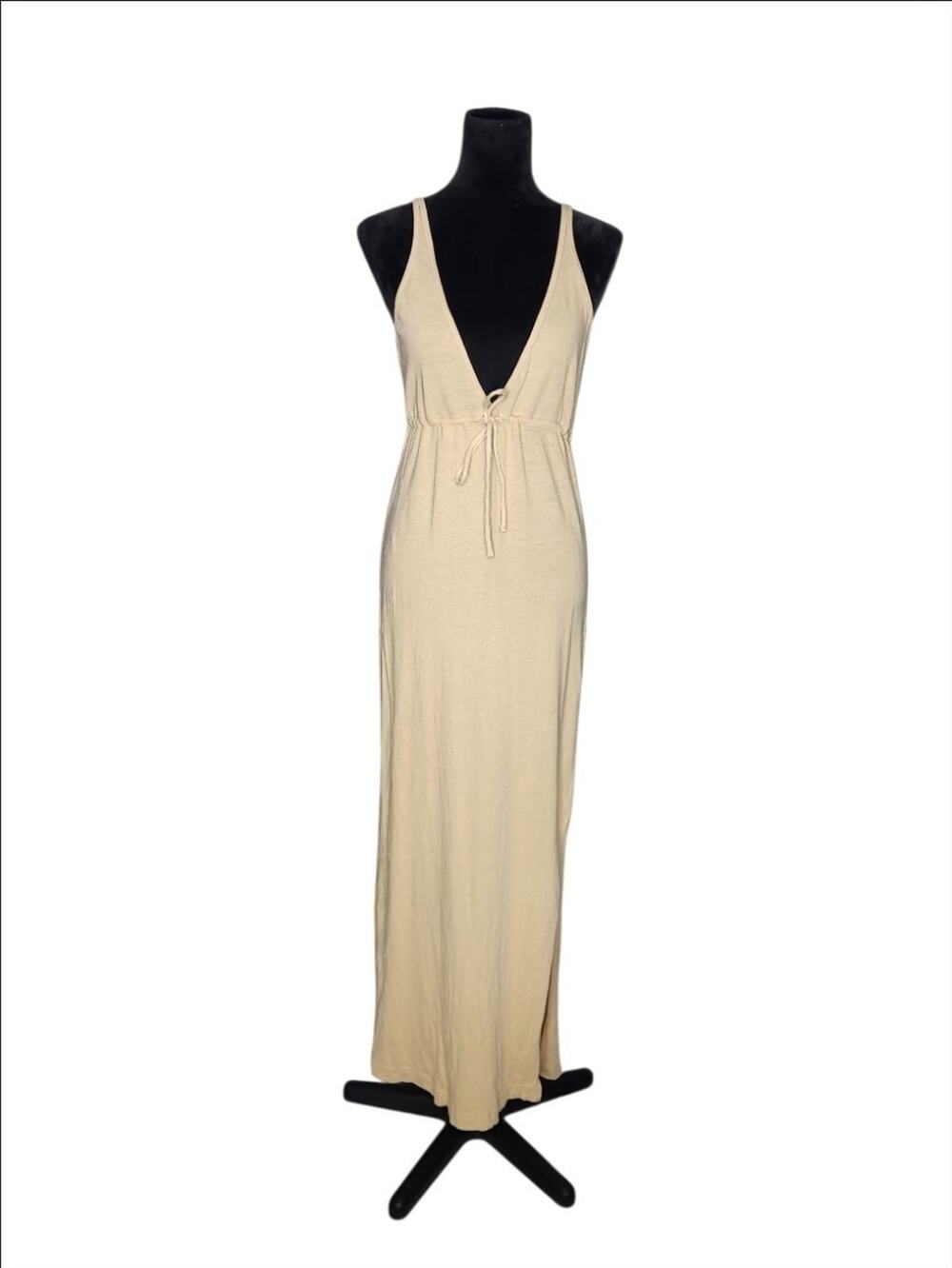 Free People Beach Summer V Neck Beige Cotton Knit Maxi Tank Dress Size Small